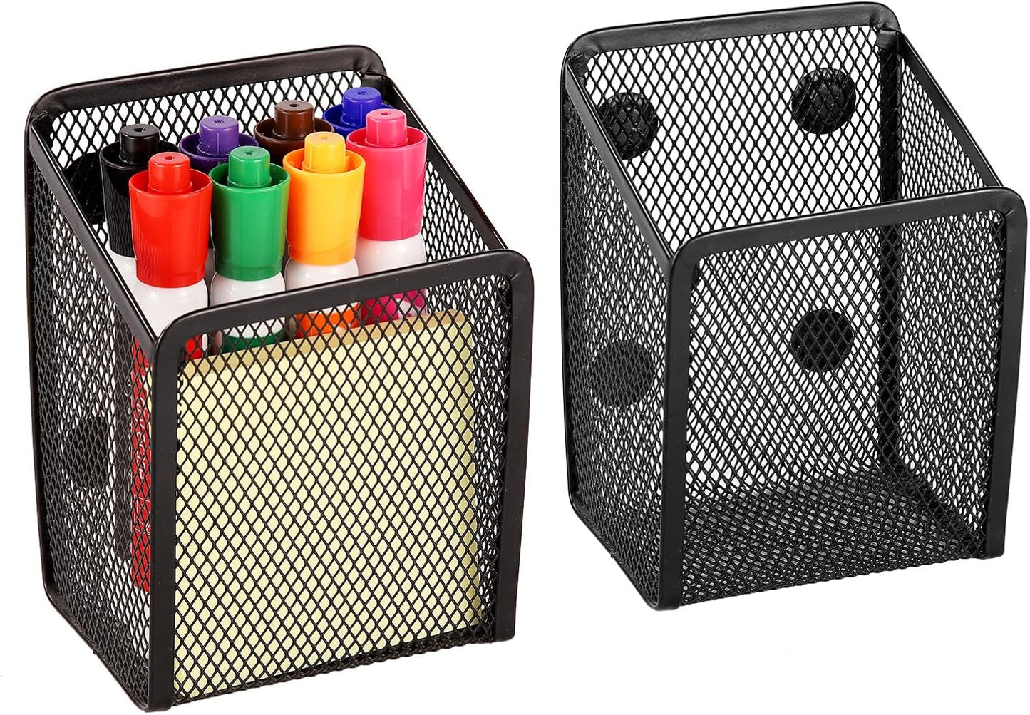 Magnetic Pencil Holder - Extra Strong Magnets Mesh Marker Holder Perfect for Whiteboard, Refrigerator and Locker Accessories (1 Basket, 2 Packs Black)