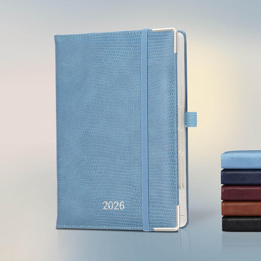 Daily Planner 2026 with One Page Per Day,(A5-8.5" x 5.9"),12 Months Calendar Hourly Appointment Book Monthly Tabs & Self-adhesive Pen Holder,Inner Pocket,Durable Vegan Leather,Sky Blue