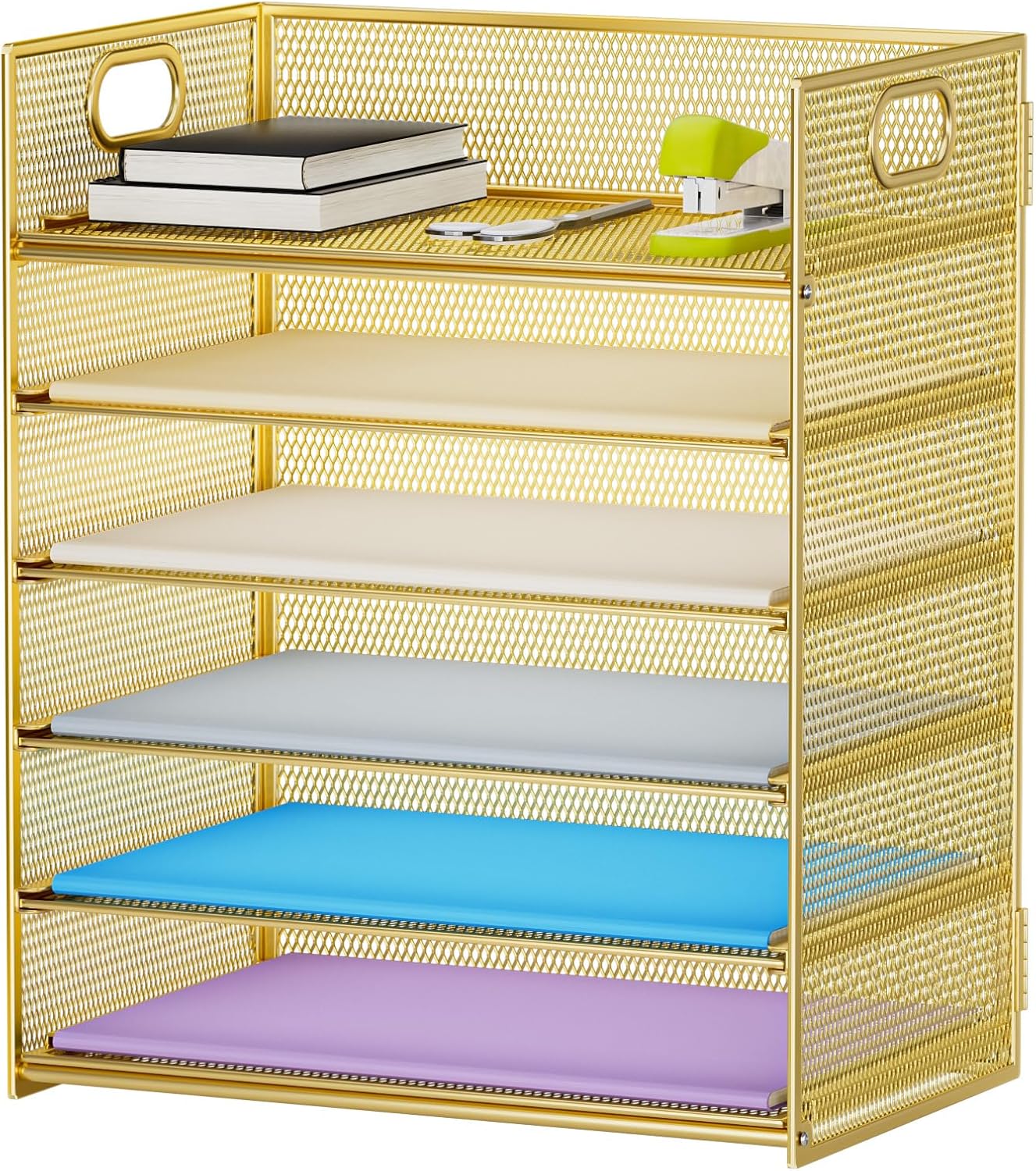 Marbrasse Paper Letter Tray Organizer - 6 Tier Mesh File Organizer with Handle, Paper Sorter Organizer for Letter/A4 Office File Folder Holder - Gold