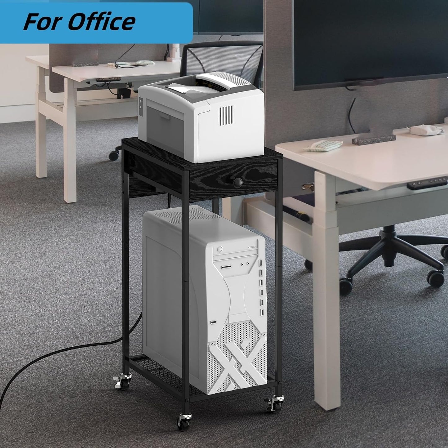 2 Tier Computer Tower Stand with Drawer, CPU Holder Stand with Charge Station and USB Charging Port, Printer Cart with Wheels for Home Office Fax, Black