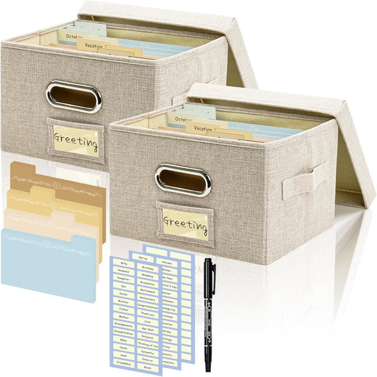 Greeting Card Organizer and Storage Box with 20 Pcs Adjustable Dividers, Storing Cards with 84 Pcs Labels Perfect for Storing Greeting Cards, Envelopes, Photos 2 Pack Beige