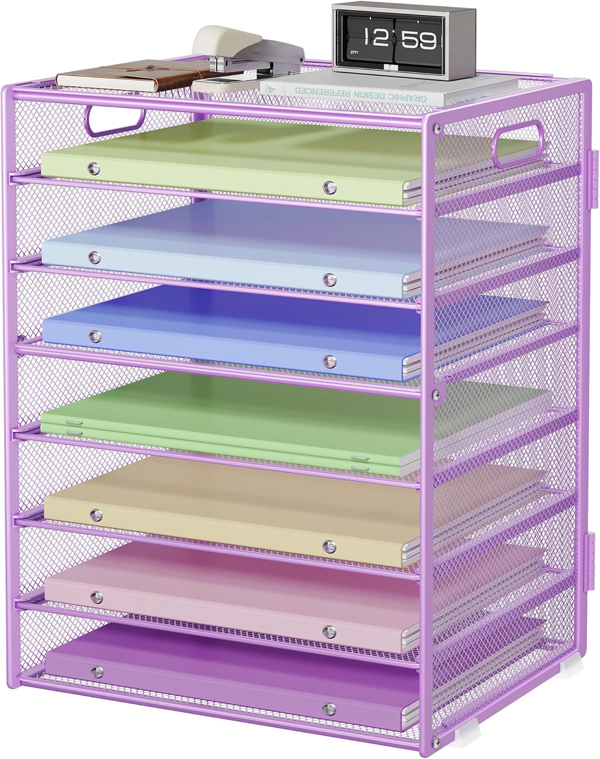 8 Tier Paper Organizer with Handle, Metal Mesh Desk File Organizer, Large Capacity Desk Organizers Paper Letter Tray Desktop Document Sorter for Office, Home or School - Purple