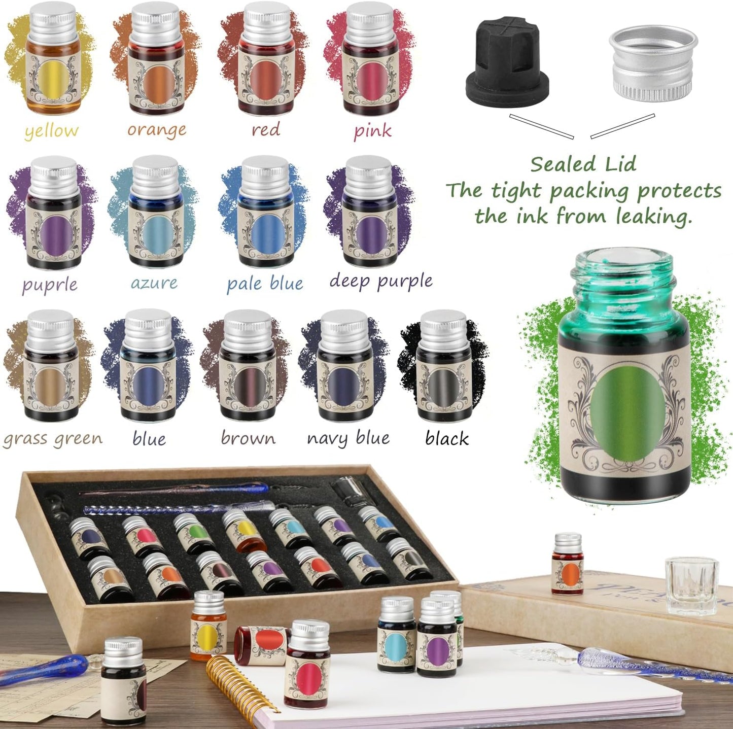 Calligraphy Pens, Dip Pen Set with 14 Color Inks, Glass Writing Instrument for Beginners