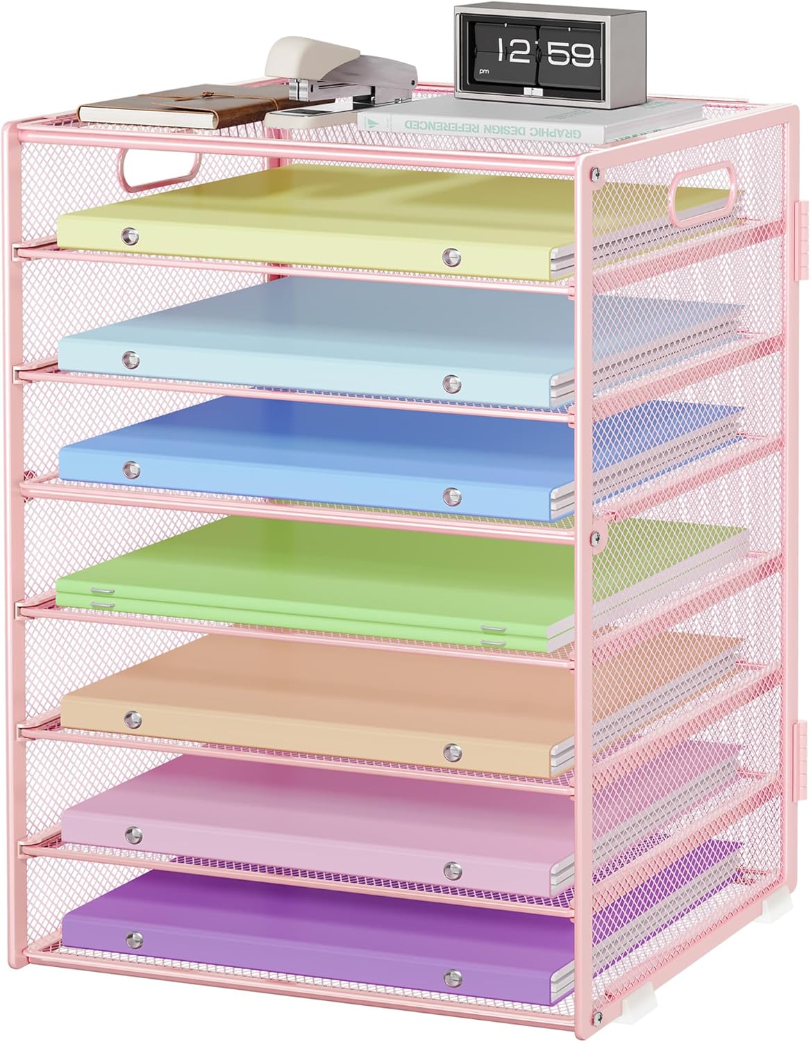8 Tier Paper Organizer with Handle, Metal Mesh Desk File Organizer, Large Capacity Desk Organizers Paper Letter Tray Desktop Document Sorter for Office, Home or School - Pink