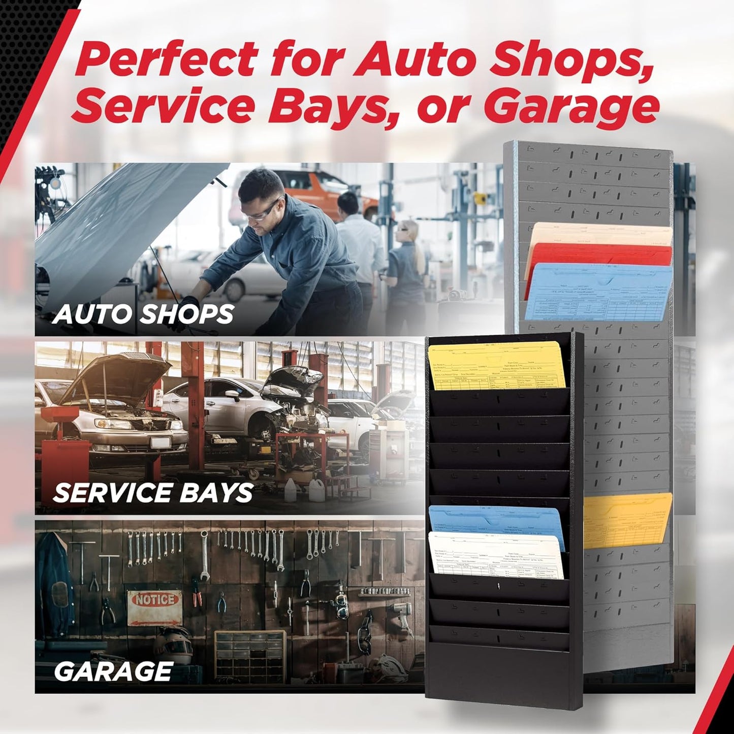 PROLific Automotive Products CHAMP Repair Order Rack, 12-Pocket Wall Mount Organizer, Heavy-Duty Alloy Steel, Powder Coated, Ideal for Auto Workshops and Garages - Black