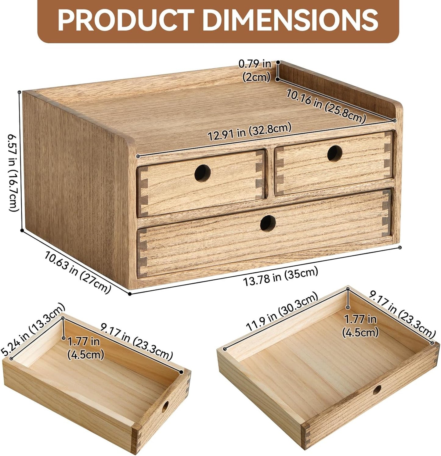 KIRIGEN Desk Organizer with Drawers - Wood Drawer Storage Box with Trays for Tabletop - Workspace Office Toiletries Supplies Tool Caddy - Wooden Storage Cabinet Dark Brown（DT2D3C-DBR）