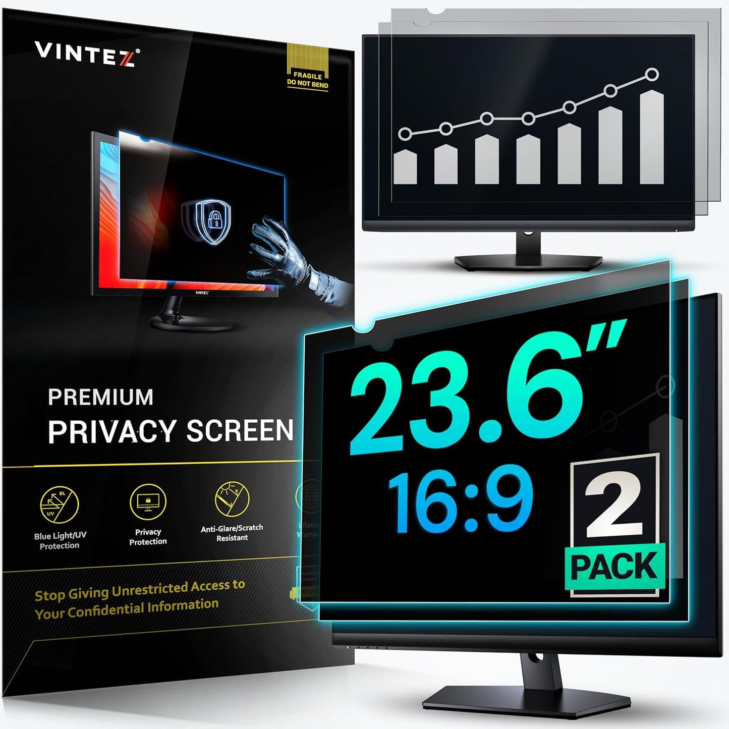 VINTEZ [2 Pack] 23.6 Inch 16:9 Privacy Screen for Computer Monitor and Laptop - Anti Glare Protector Film Blue Light Filter Eye Protection - Computer Screen Privacy Shield