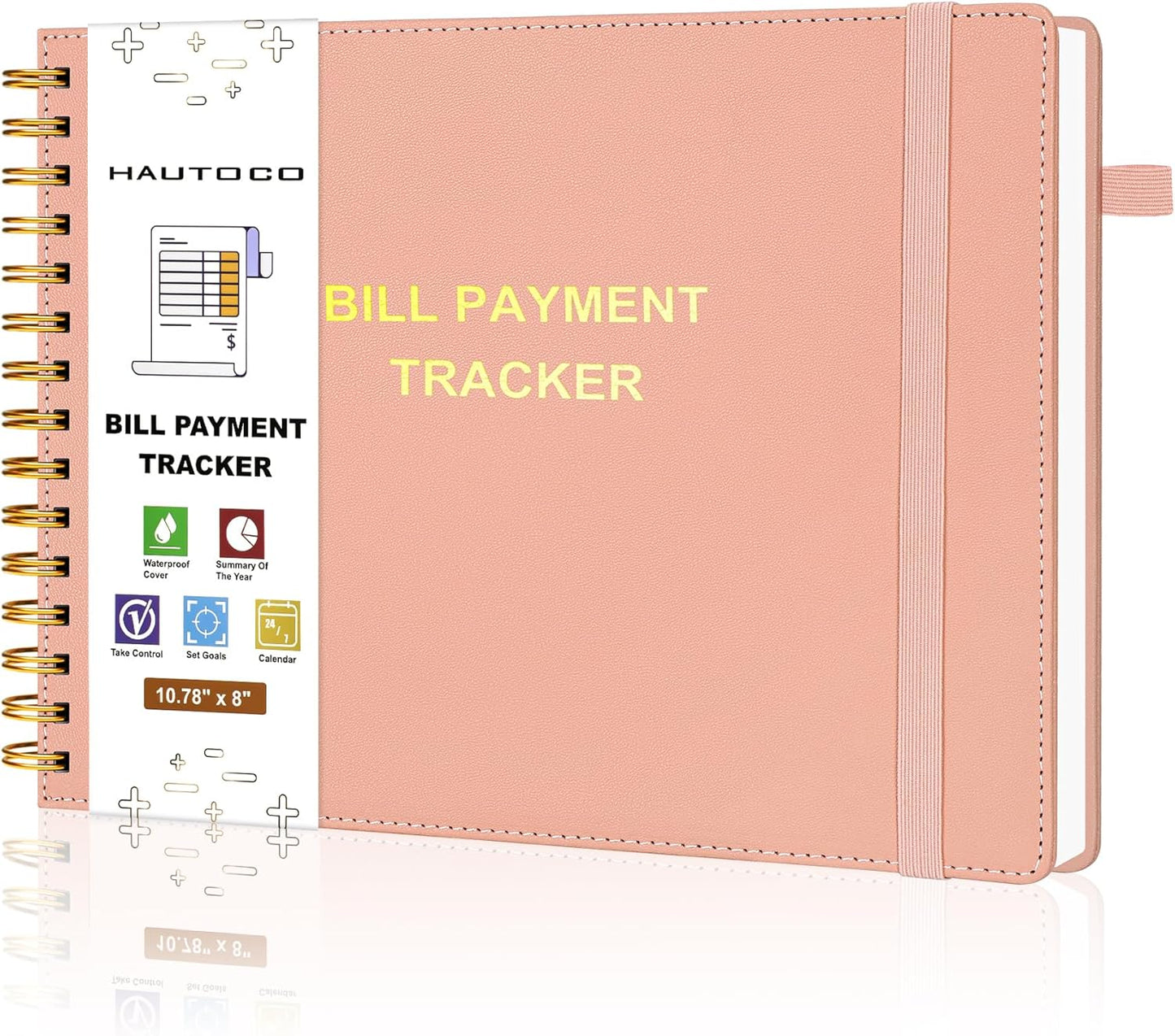 HAUTOCO Hardcover Bill Tracker Notebook Horizontal Monthly Bill Payment Organizer for Personal Budgeting Home Finance with 2 Storage Pocket Expense Checklist Tracking Planner 10.78 x 8'', Pink