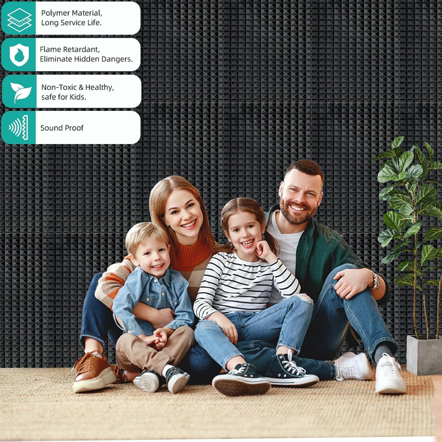 2 Pack pyramid Acoustic Foam Panels, 48 x 24 x 2" Sound Absorbing Panels High Density Studio Wedge Tiles Fire Resistant Acoustic Panels for Home,Office, Recording Room, Studio (2Pack, Black)