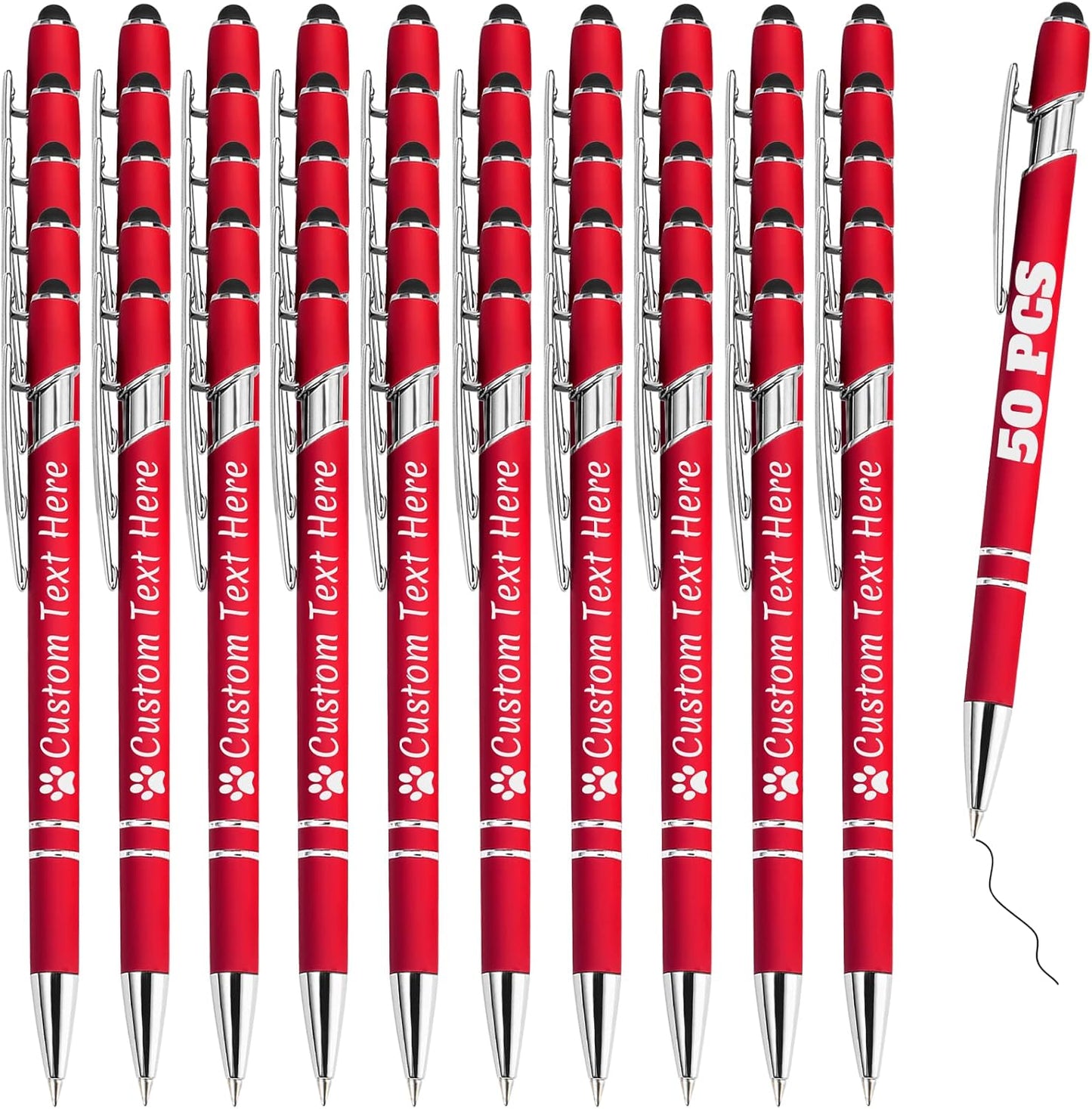 Personalized Pens Bulk 50 with Name Custom Engraving Ballpoint Pens with Stylus Tip Customized Smooth Writing Pens Personalized Gifts for Anniversary Birthday or Graduation(Red,Black Ink)