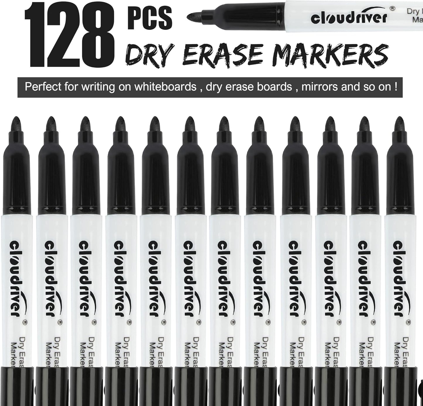 cloudriver Dry Erase Markers 128 Pack, Black Whiteboard Markers, Fine Tip, Low Odor, Bulk Dry Erase Marker For Office, home and School Supplies