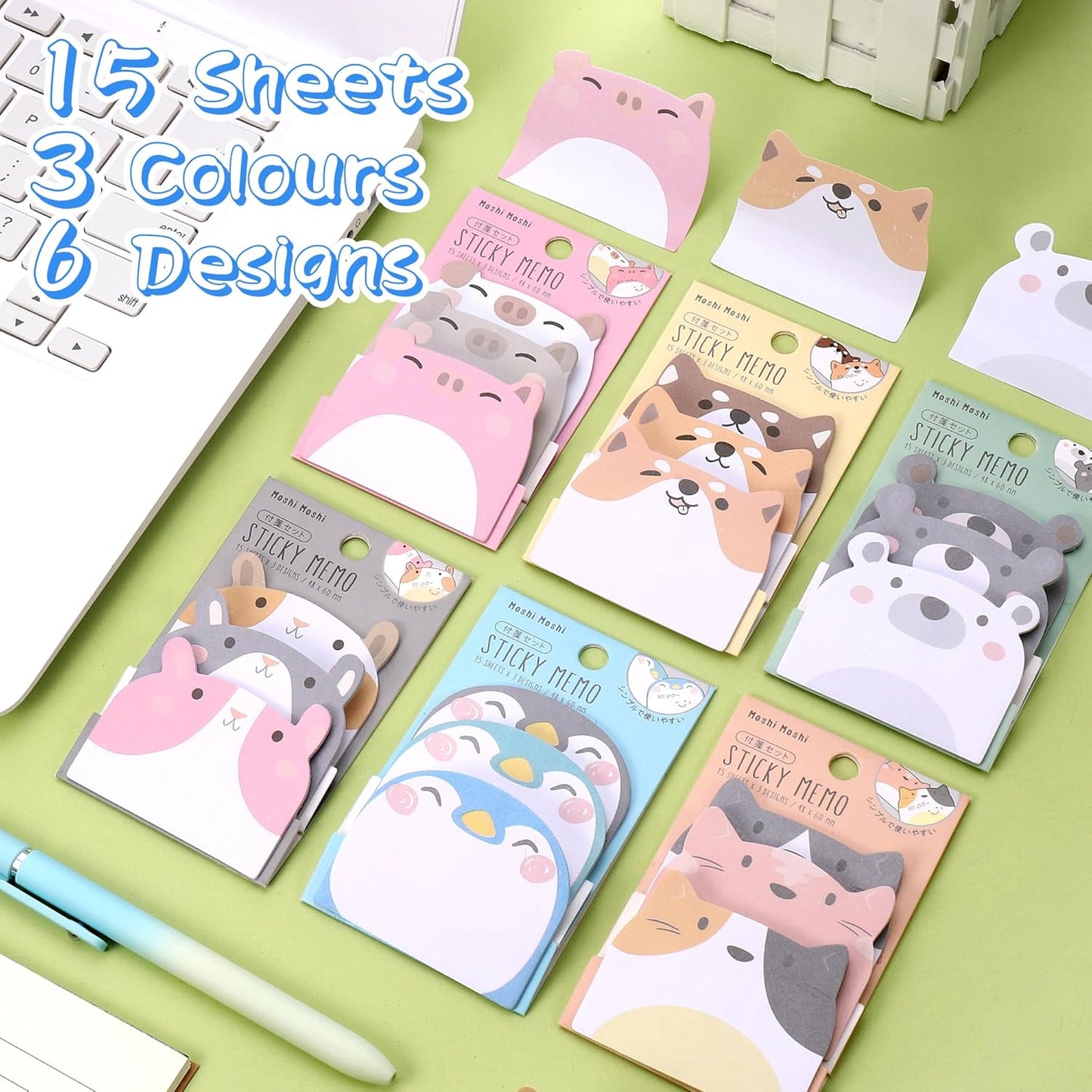 Cute Sticky Notes, 6 Pack 270 Sheets Kawaii Cartoon Animal Sticky Notes, Mini Cartoon Notes Animals Shape Markers Flags Self-Stick Memo Pads for School Home Office, JT-BG072-06