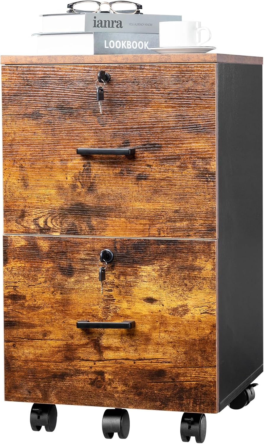 VINGLI 2-Drawer Small Rolling File Cabinet with Lock, Wood Filing Cabinet for Hanging Letter Size Filings with Tabs, Mobile Under Desk File Cabinets for Home Office, Rustic Brown & Black, 27.2" H
