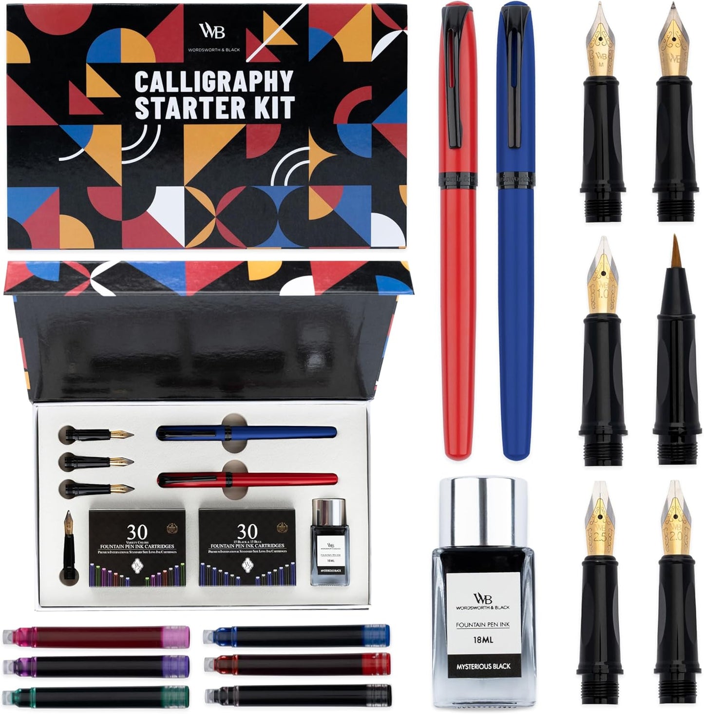 Wordsworth and Black Calligraphy Pen Set - Blue - Includes 2 Calligraphy Pens, 18 ML Ink Bottle, 60 Ink Cartridges, Ink Refill Converter, 1 Medium and 4 Broad Nibs, Brush Pen
