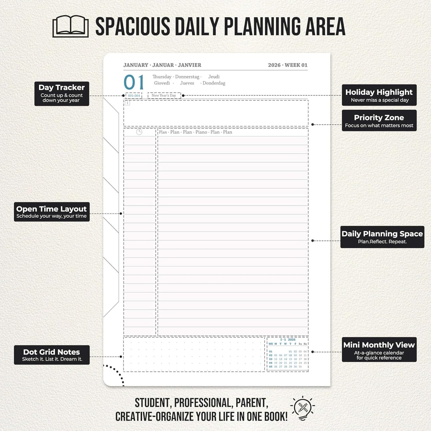 Daily Planner 2026 with One Page Per Day,(A5-8.5" x 5.9"),12 Months Calendar Hourly Appointment Book Monthly Tabs&Self-adhesive Pen Holder,Inner Pocket,Durable Vegan Leather Hardback,Black