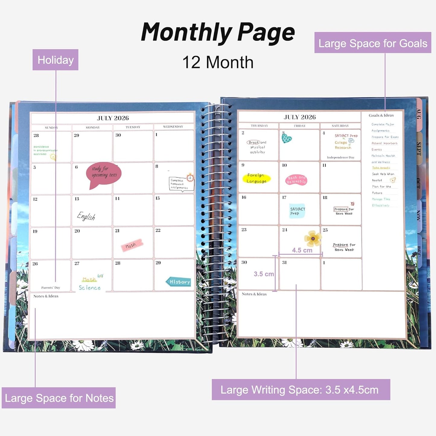 CAGIE Planner 2026 Monthly (Jan. 26-Dec. 26), 12 Month Academic Planner 8.5"x11", Large Daily Planner with Hourly Timeslot, Monthly Tab, Spiral Binding, Bookmark