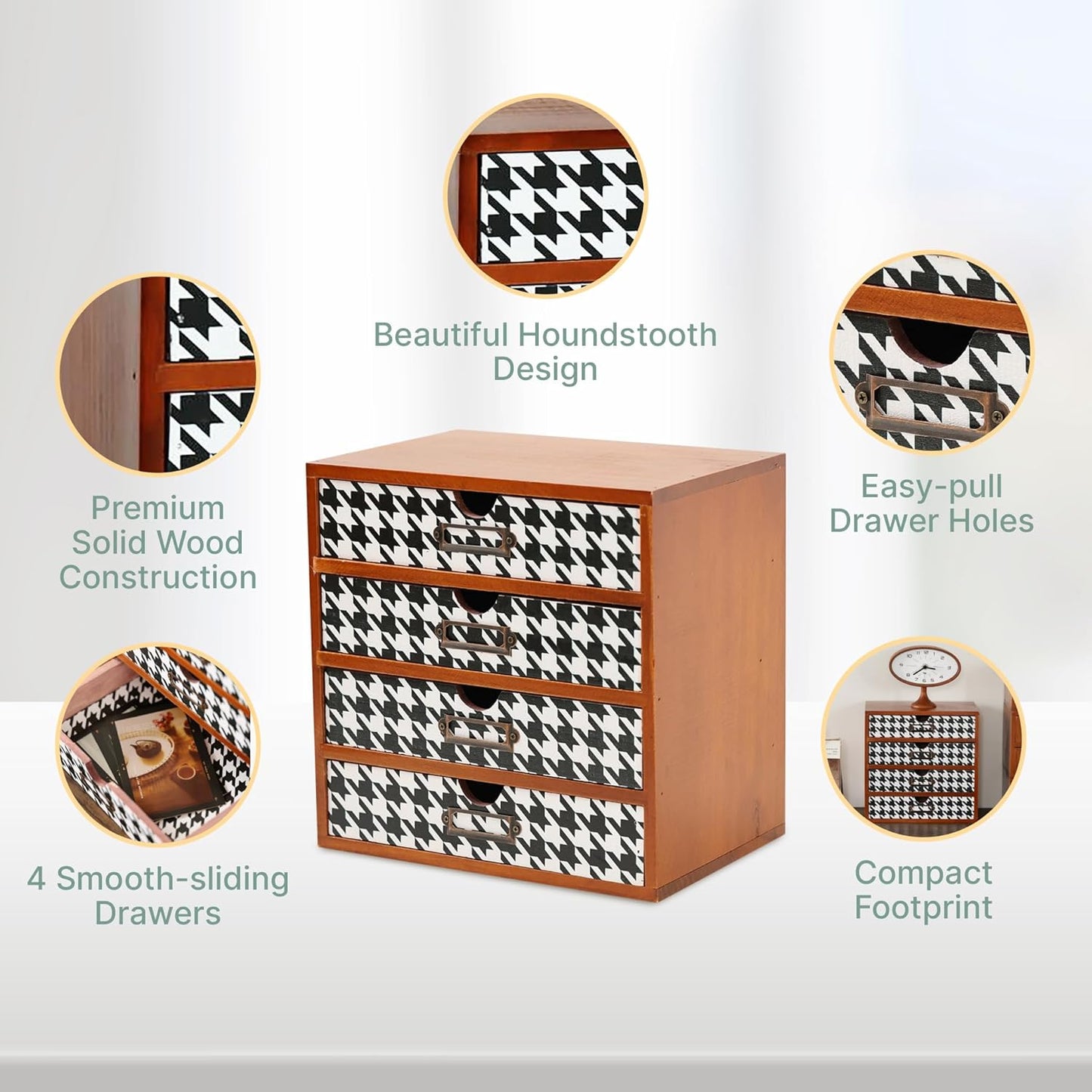 Houndstooth Pattern Wooden Desk Organizer - 4-Drawer Desktop Storage - Modern & Rustic Wood Cabinet for Office Supplies, Craft Tools, & Home Organization - Elegant Drawer Unit