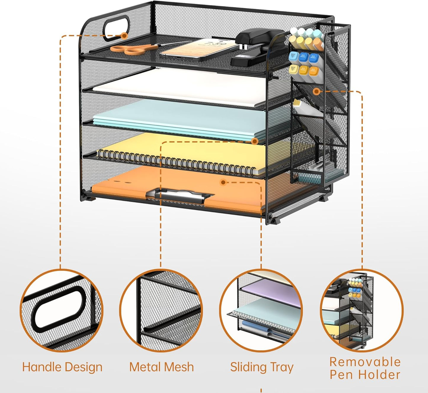 SUPEASY 5 Tier Desk Organizer with Handle & Removable Pen Holders, Mesh Paper/File Organizer for Desk, Paper Letter Tray Organizer for Office Supplies (Black)