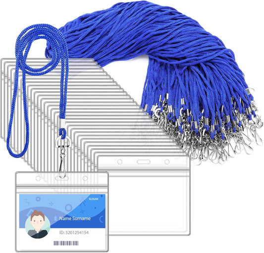 100Pcs Clear Plastic Horizontal Name Tag Badge ID Card Holders and 100Pcs Blue Neck Lanyards with Swivel Hook for School, Office, Business