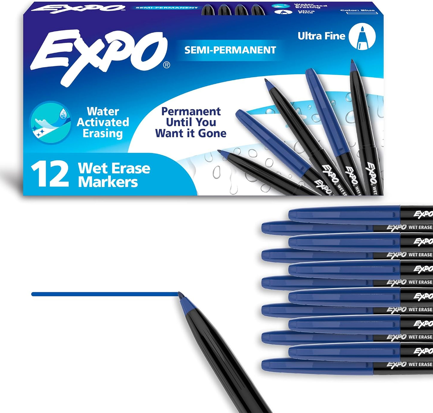EXPO Wet Erase Markers, Semi-Permanent Markers, Blue, Ultra Fine Tip, 12 Count