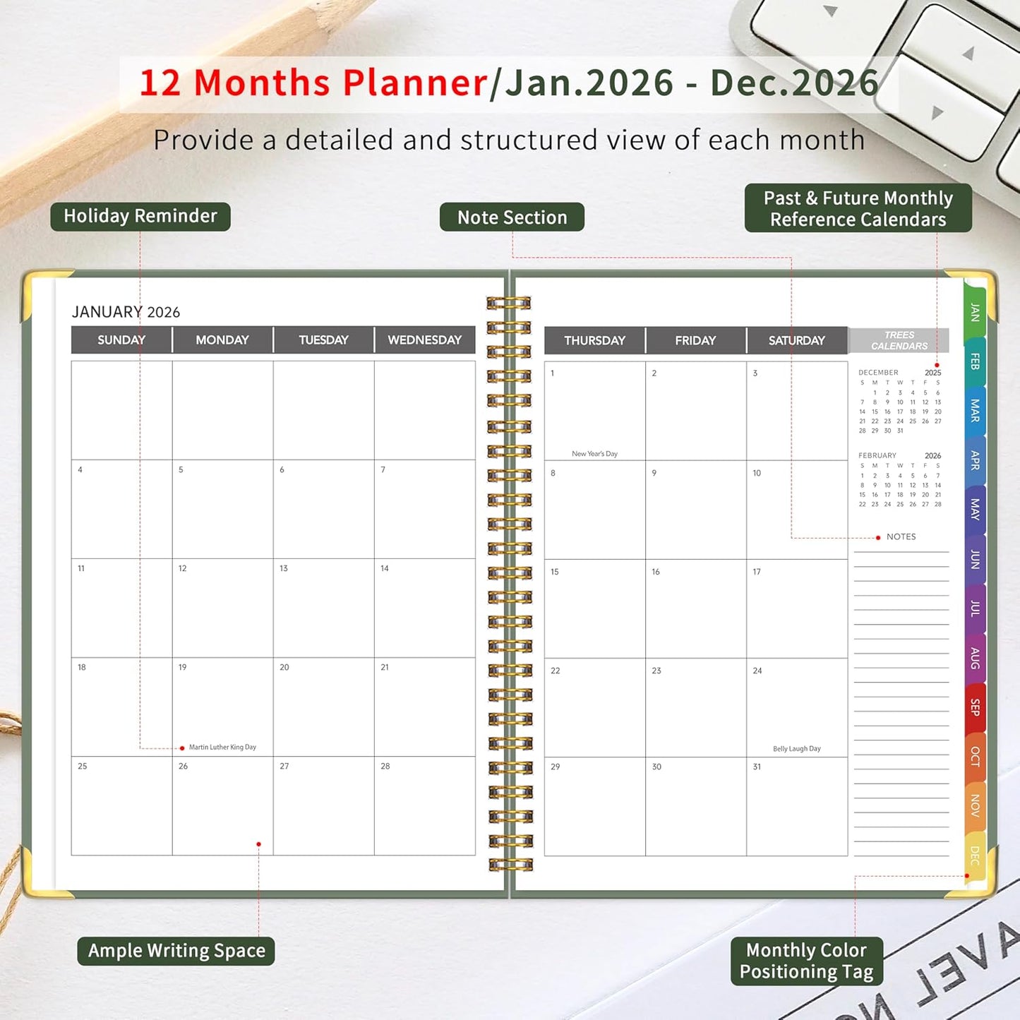 2026 Appointment Book/Planner - 2026 Daily Hourly Planner from Jan. 2026 - Dec. 2026, Weekly appointment Book 2026, 2026 Hourly planner with 20-Minute Interval, 9" x 11", Twin-Wire Binding, Colorful Tabs, Pocket - Green
