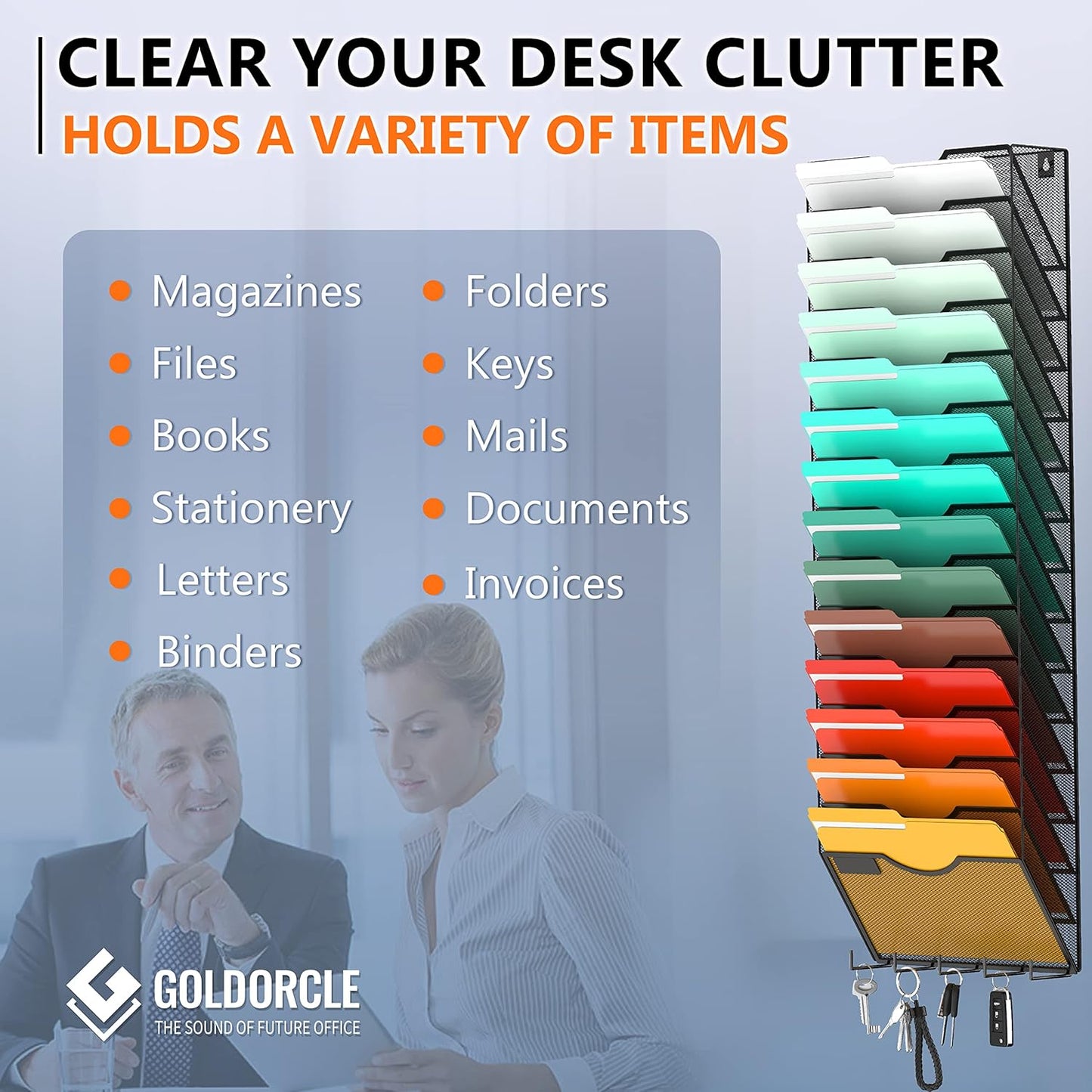 10-Tier Hanging Wall File Organizer Wall Mounted File Holder Document Wall Organizer for Office Organization and School Storage (No Assembly Required) (15 Tier Black)