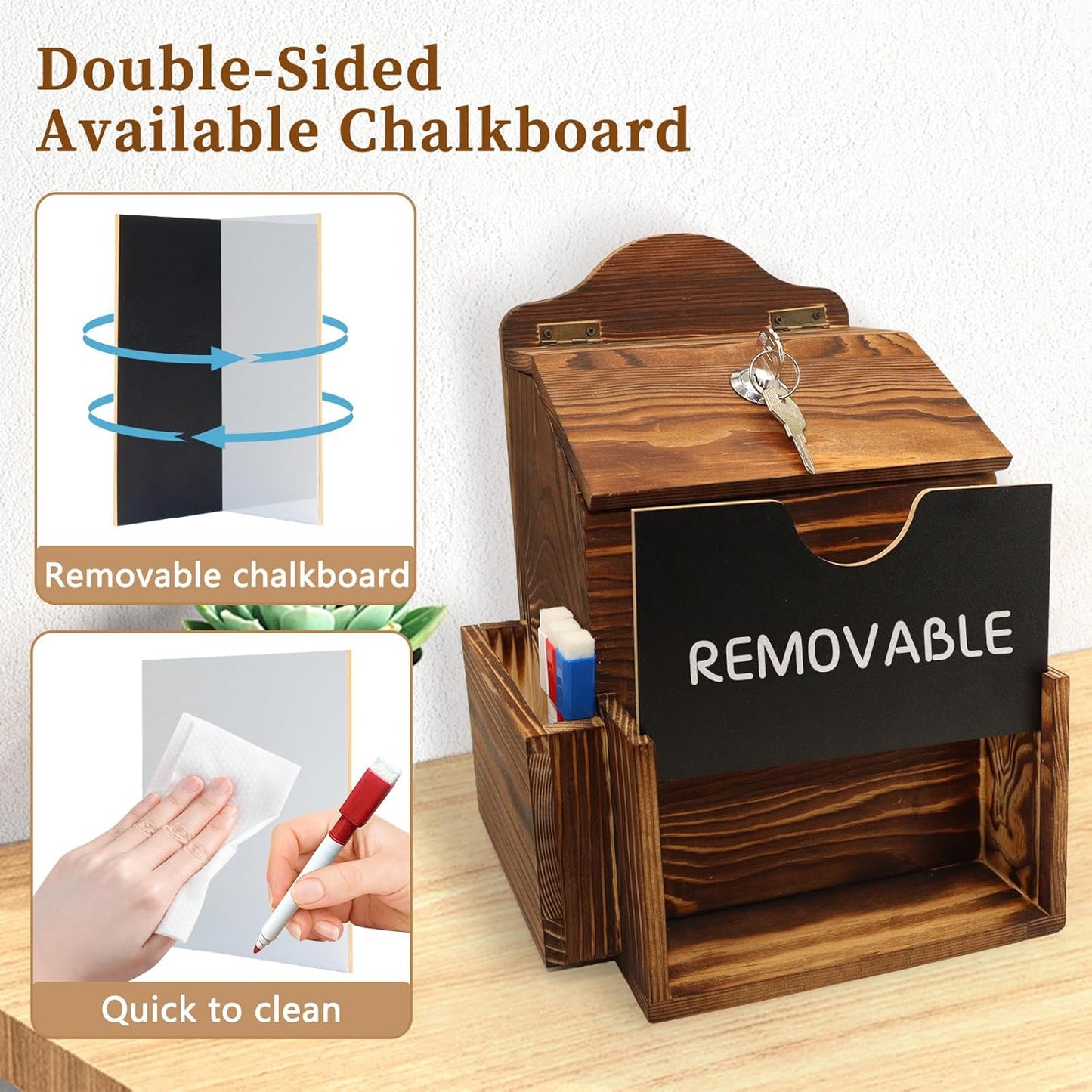 Suggestion Box with 50 Suggestion Cards Wood Donation Box with Slot and Lock Prayer Boxes for Fundraising Tip Drop Ballot Boxes Wall Mounted with Chalkboard and Keys for Church Office