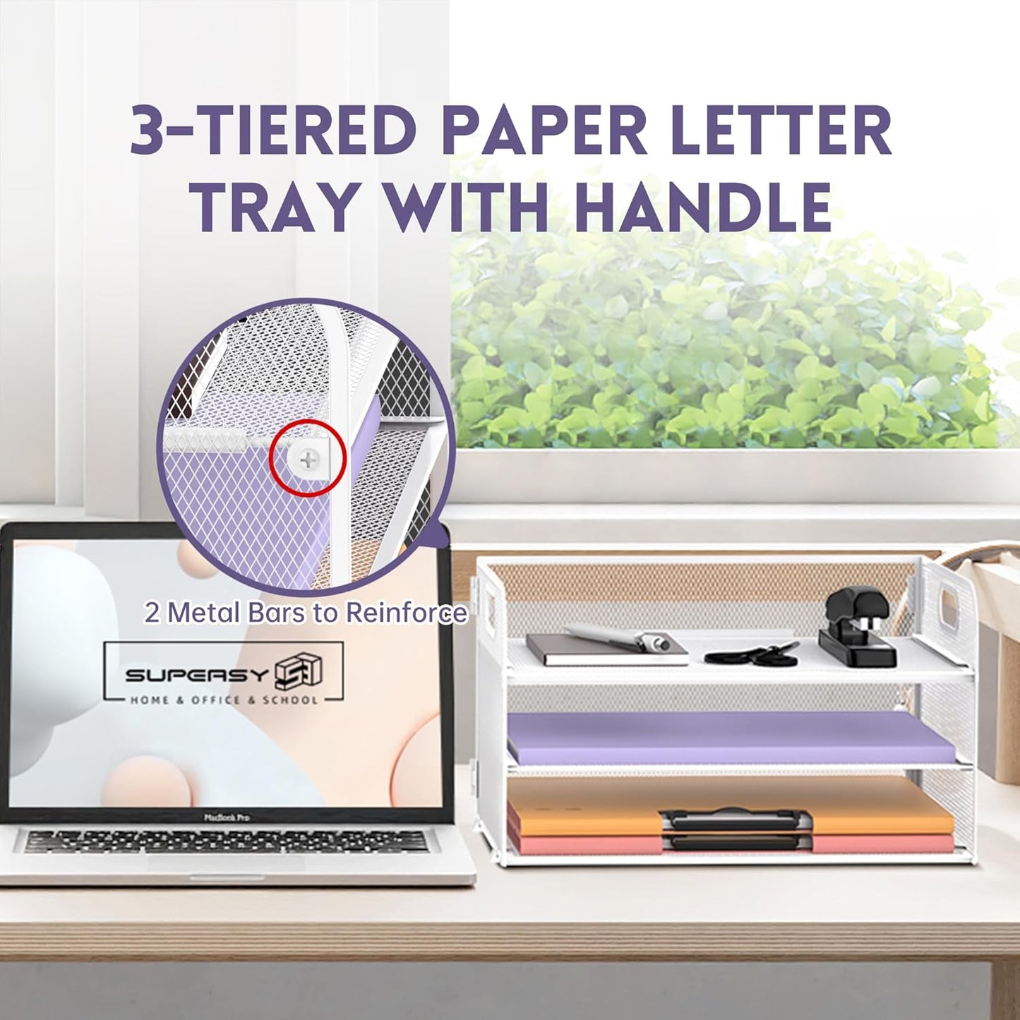 Supeasy 3 Tier Paper Organizer with Handle, Mesh Desk Organizer Letter Tray, Paper Tray File Organizer for A4 File Folder, White