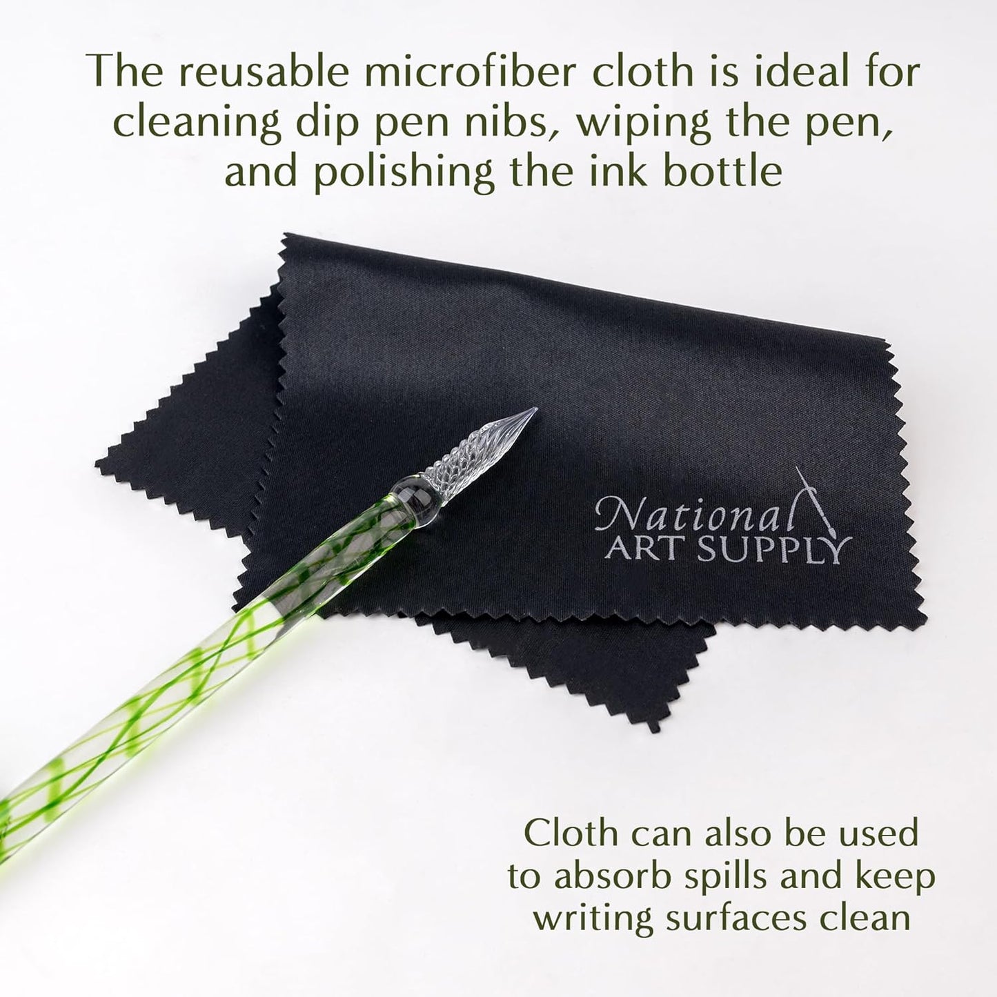 Ferris Wheel Press Juniper Moss 28ml Calligraphy Ink for Calligraphy & Dip Pens - National Art Supply 5x7 Microfiber Cloth - Moss Green with Gold Shimmers - Waterproof Dip Pen Ink for Artists