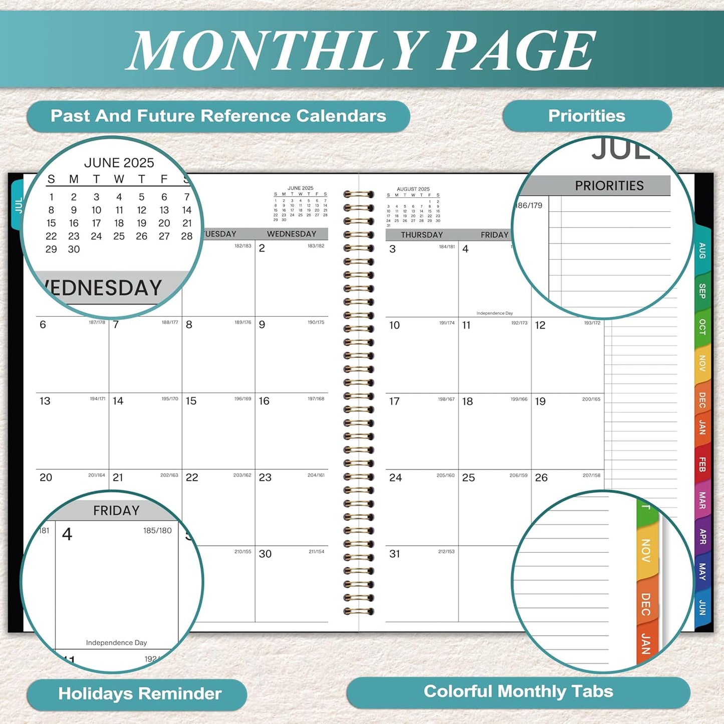 2025-2026 Weekly Appointment Book & Planner - July 2025 - June 2026, 2025-2026 Daily Hourly Planner, 9" x 11", Half Hour (30 Mins) Interval, Colorful Monthly Tabs, Lay-Flat, Inner Pocket
