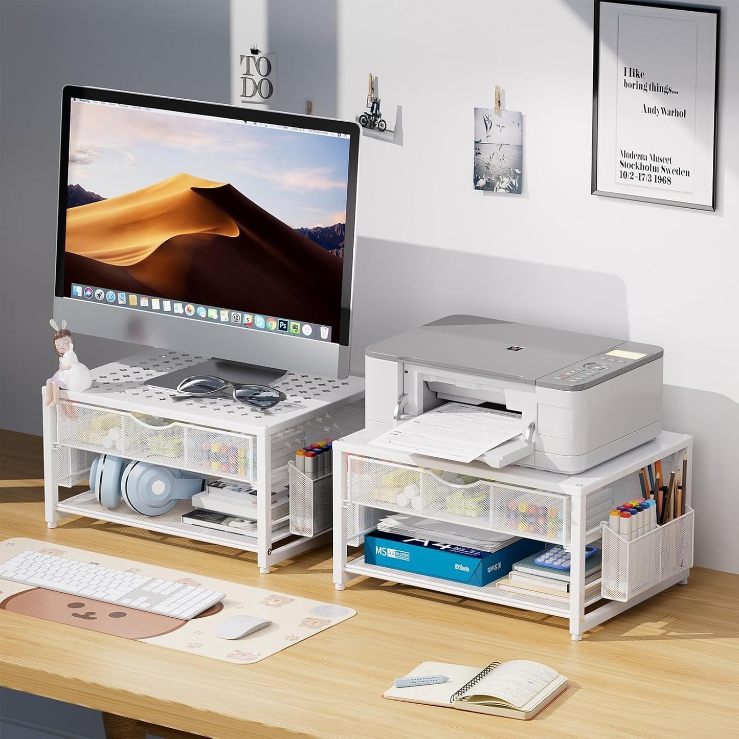 Marbrasse Metal Printer Stand for Desk with Storage Drawer and 2 Pen Holders, 2-Tier Desktop Organizer Printer Table for Home Office, Multi-Purpose Desk Organizer for Fax Machine Scanner Files(White)