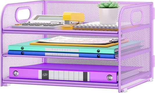 3 Tier Paper Organizer with Handle, Metal Desk Organizer Mesh Paper Letter Tray Desktop File Folder Document Sorter for Classroom, School, Office Accessories Organization and Storage - Purple