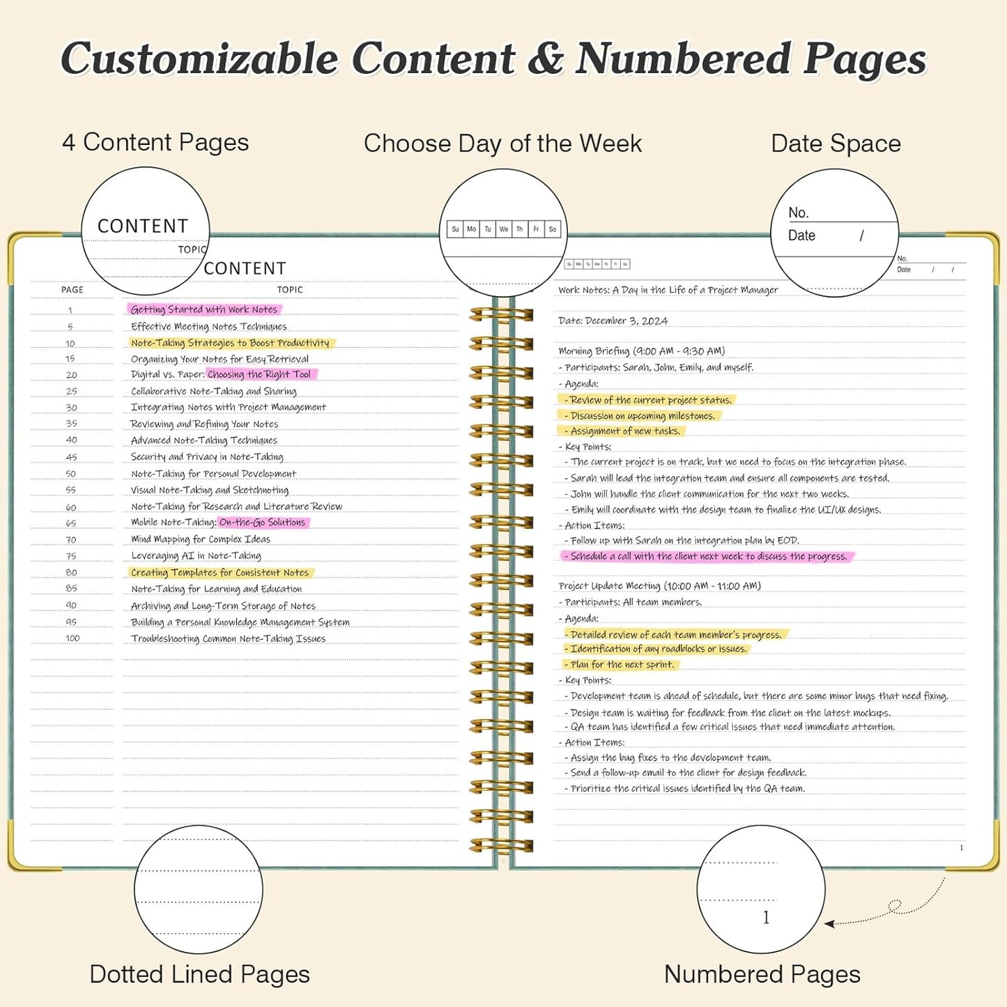 Spiral Notebook 8.5" x 11", 300 Numbered Pages Notebooks College Ruled with Contens, 100GSM Thick Journal for Women Men, Hardcover Leather Lined Journal for Writing, Large A4 Notebooks for Work School