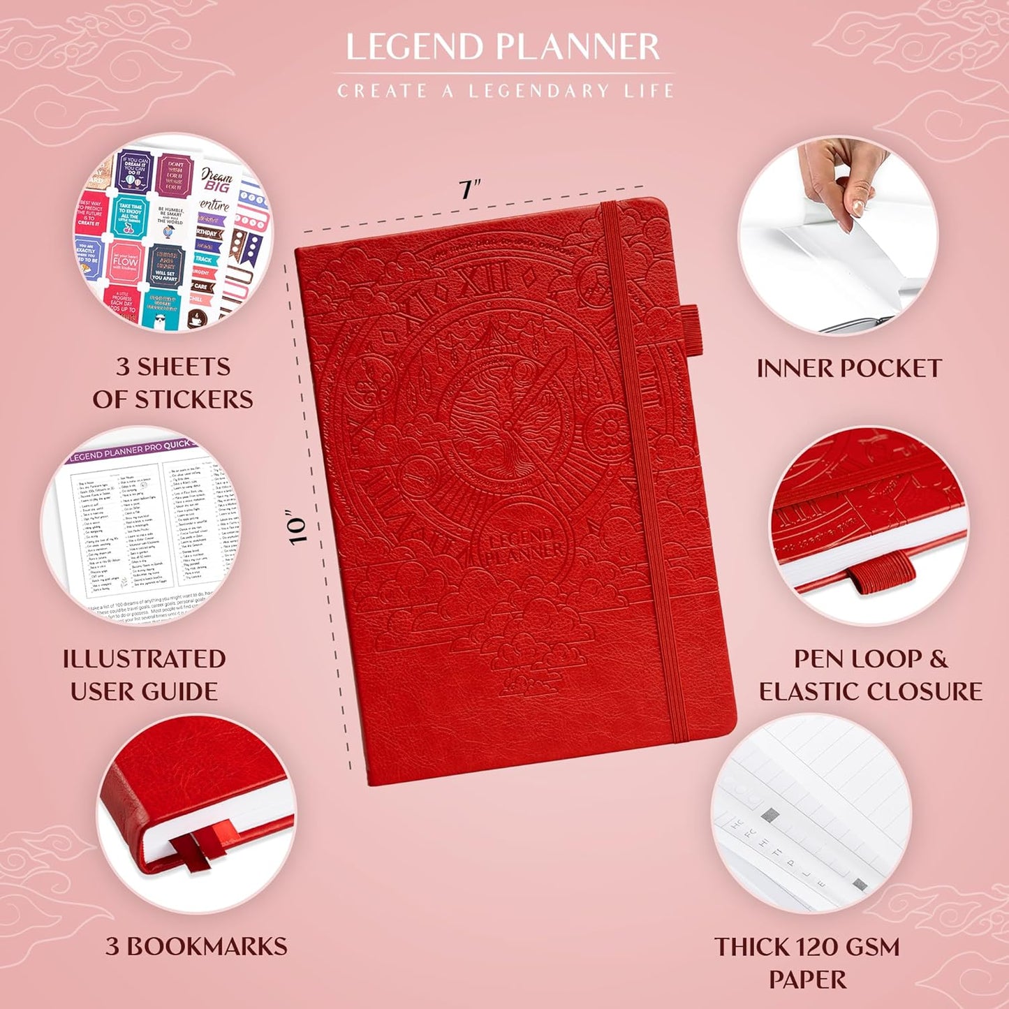 Legend Planner PRO – Deluxe Weekly & Monthly Life Planner to Increase Productivity and Hit Your Goals. Time Management Organizer Notebook – Undated – 7 x 10" Hardcover + Stickers – Red
