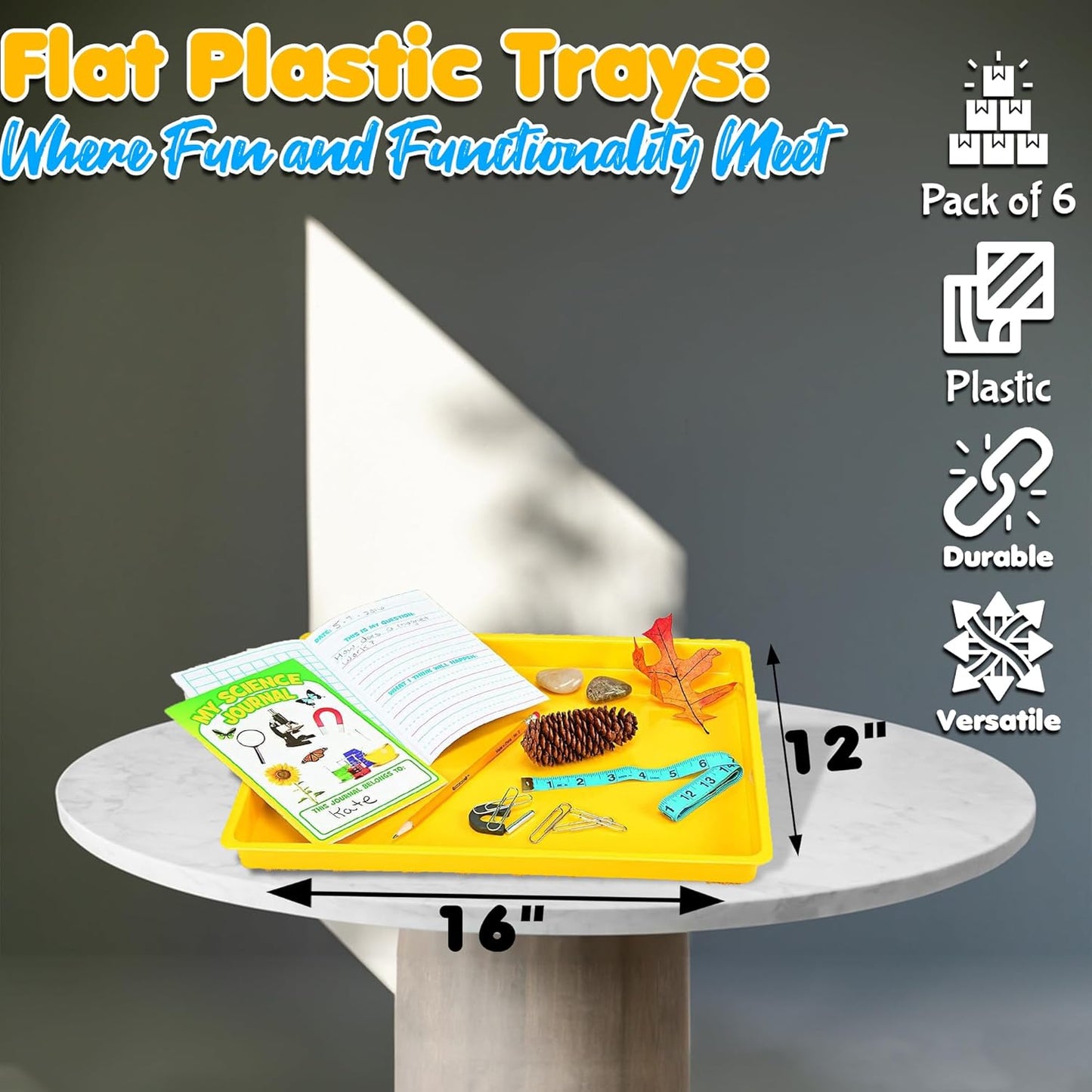 Fun Express Flat Plastic Tray - Plastic Trays for Engaging Art and Play - Long-Lasting Educational Trays for Active Kids - Great for School - Red, Yellow, Orange, Green, Blue, Purple (Set of 6)