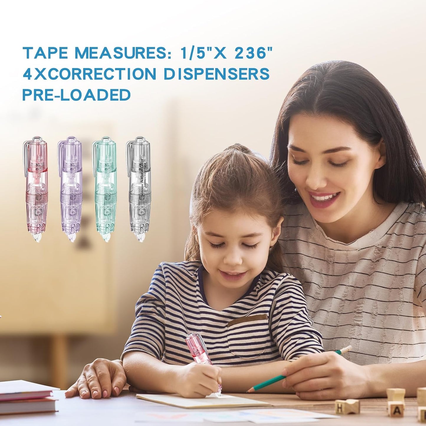 White Retractable Correction Tape, 4PCS Correction Dispensers Pre-Loaded, Cute Pull-Out Pen-Shaped Applicator, Anti-Break Tape for Office Supplies (Transparent, Green, Pink, Purple)