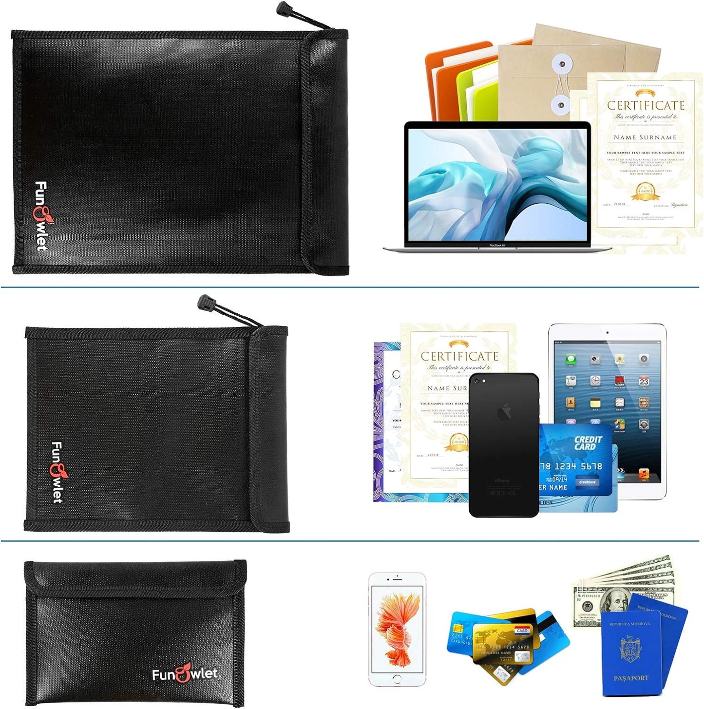 FunOwlet Fireproof Waterproof Document Bag, Fire and Water Resistant Safe Zipper Storage Organizer Pouch for A4/A5 Documents Holder, File, Cash, Jewelry, Passport, Tablet, Laptop, 3 Pack (Black)