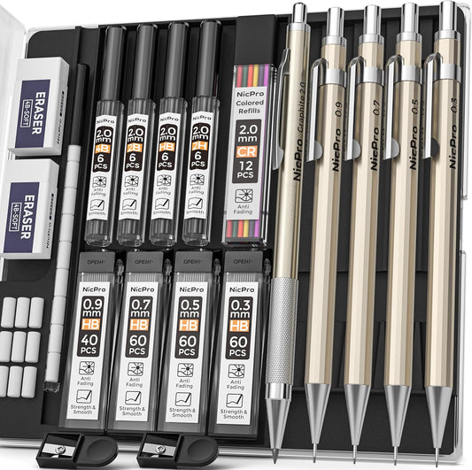 Nicpro 5 PCS Art Mechanical Pencils Set, Metal Drafting Pencil 0.3 & 0.5 & 0.7 & 0.9 & 2mm Graphite Lead Holder(4B 2B HB 2H Colored) for Sketching Drawing With Lead Refills Eraser Case