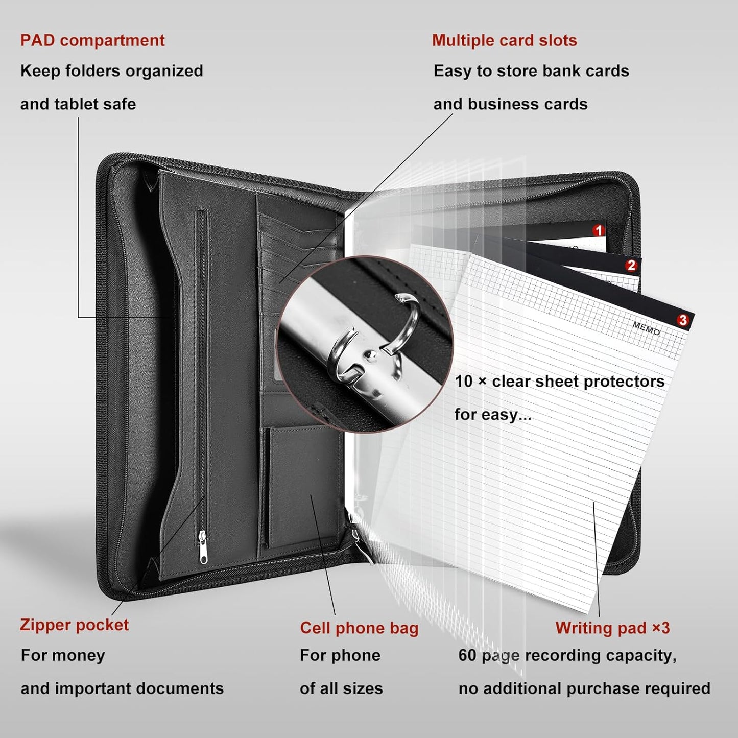 Leathario Portfolio Binder, Includes 10 Sheet Protectors and 3 Notepads, 3-Ring Folder Organizer, A4 Padfolio with Zipper, Vegan Leather Tablet Sleeve, Business Office Conference Clipboards