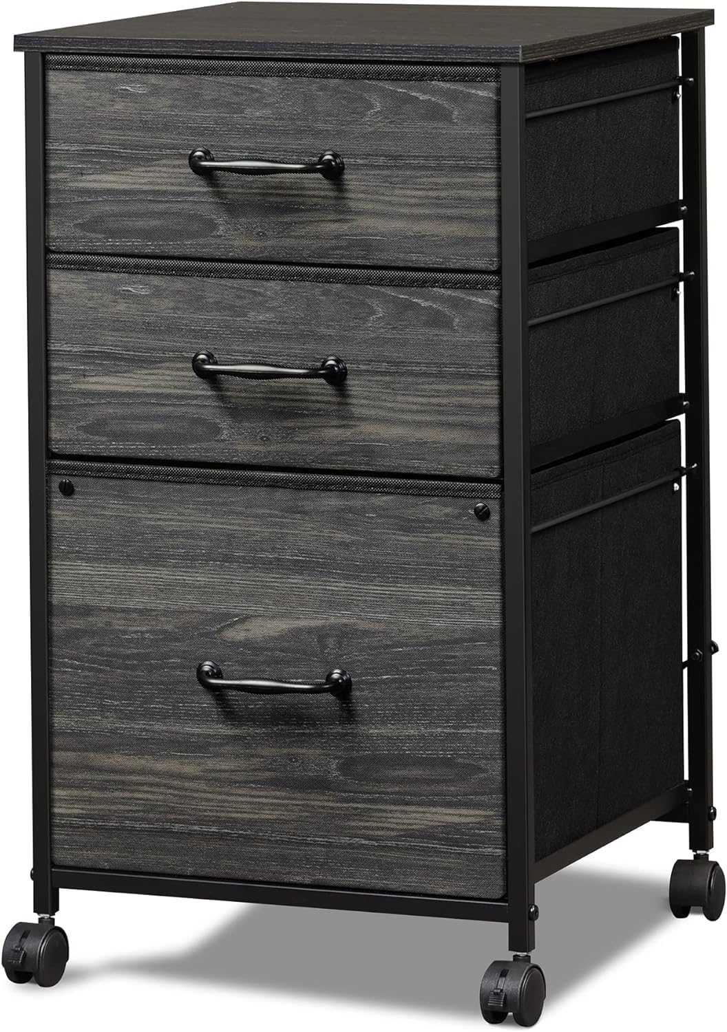 DEVAISE Mobile File Cabinet, Rolling Printer Stand with 3 Drawers, Fabric Vertical Filing Cabinet fits A4 or Letter Size for Home Office, Charcoal Black Wood Grain Print