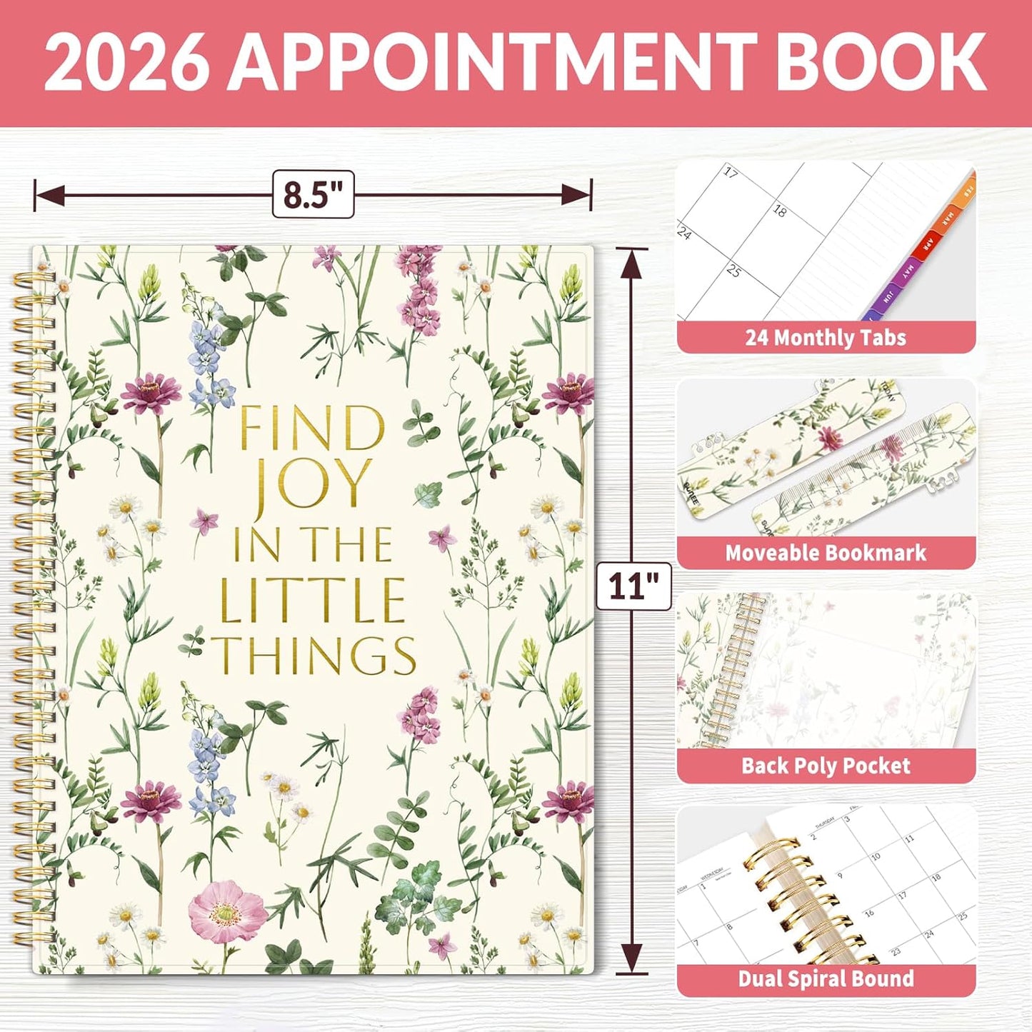 SUNEE 2026 Appointment Planner 15-Minute Time Block – Weekly & Monthly Spiral Organizer with Note Section – Thick Paper, Lay-Flat Bound – 8.5 x 11 for Office, School, Salon, Men & Women, Wildflowers