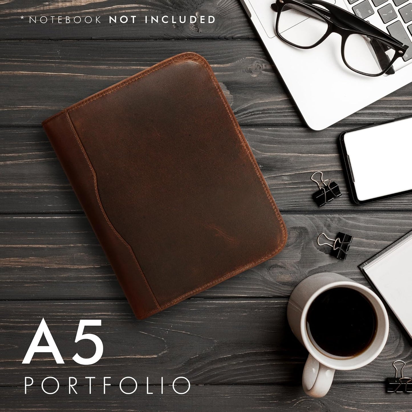 ELIZO Leather Portfolio Leather Padfolio Folio A5 Notebook Cover Work Folder Business Portfolio Organizer Binder Men Women Small Antique