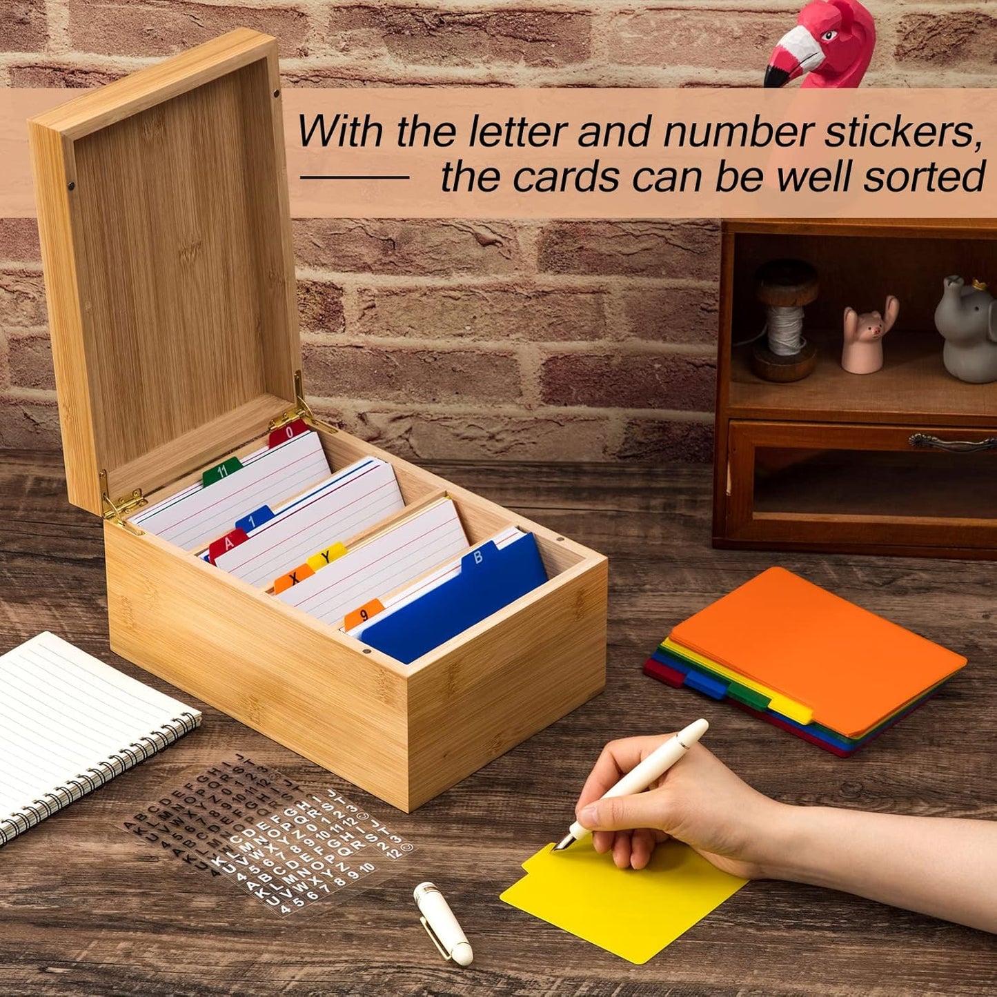 Henoyso 4 x 6 Inches Index Card Holder Set, Bamboo Recipe Box Organizer Index Cards Organizer, 50 Pcs Dividers 2 Sheets Alphabet Number Stickers File Note Holders for Office Business Home Kitchen
