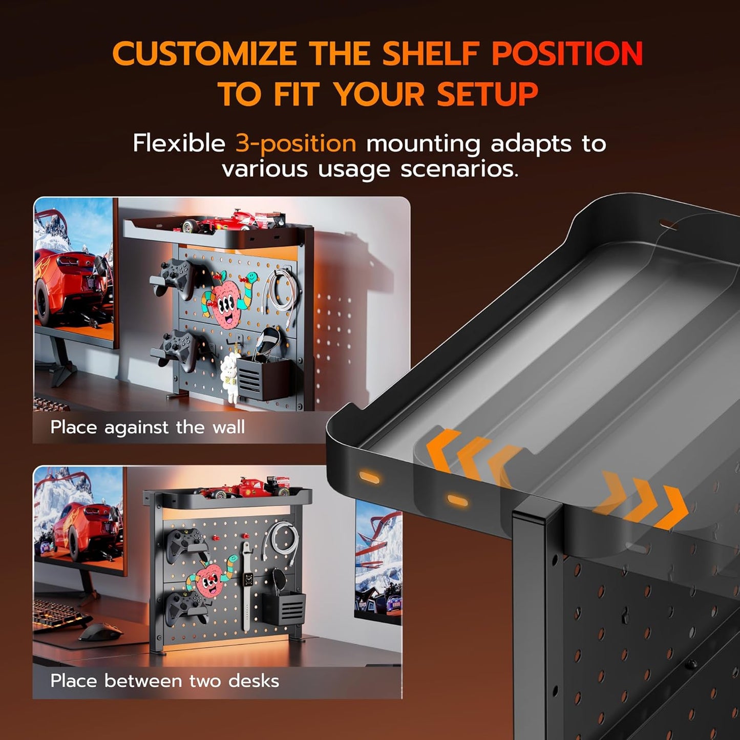 ARES WING Desk Clamp On Pegboard with 16 inches Organizer Shelf, Adjustable Above or Under Desk Storage Shelf Holds 44 lbs, Magnetic Metal Peg Board for Office and Gaming Accessories, Black