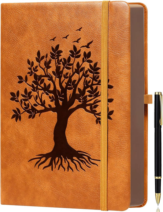 ZXHQ A5 360 Pages Lined Journaling Notebooks with Pen, Journals for Women Men Writing Notebook, Tree of Life Design, Brown Edge Fine Inner Pocket - Light Brown