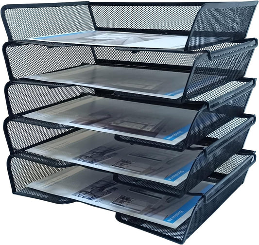 5 Tier Metal Mesh Desk Organizer-Stackable Letter Trays for Office Supplies,Black File Storage System with Reinforced Edges