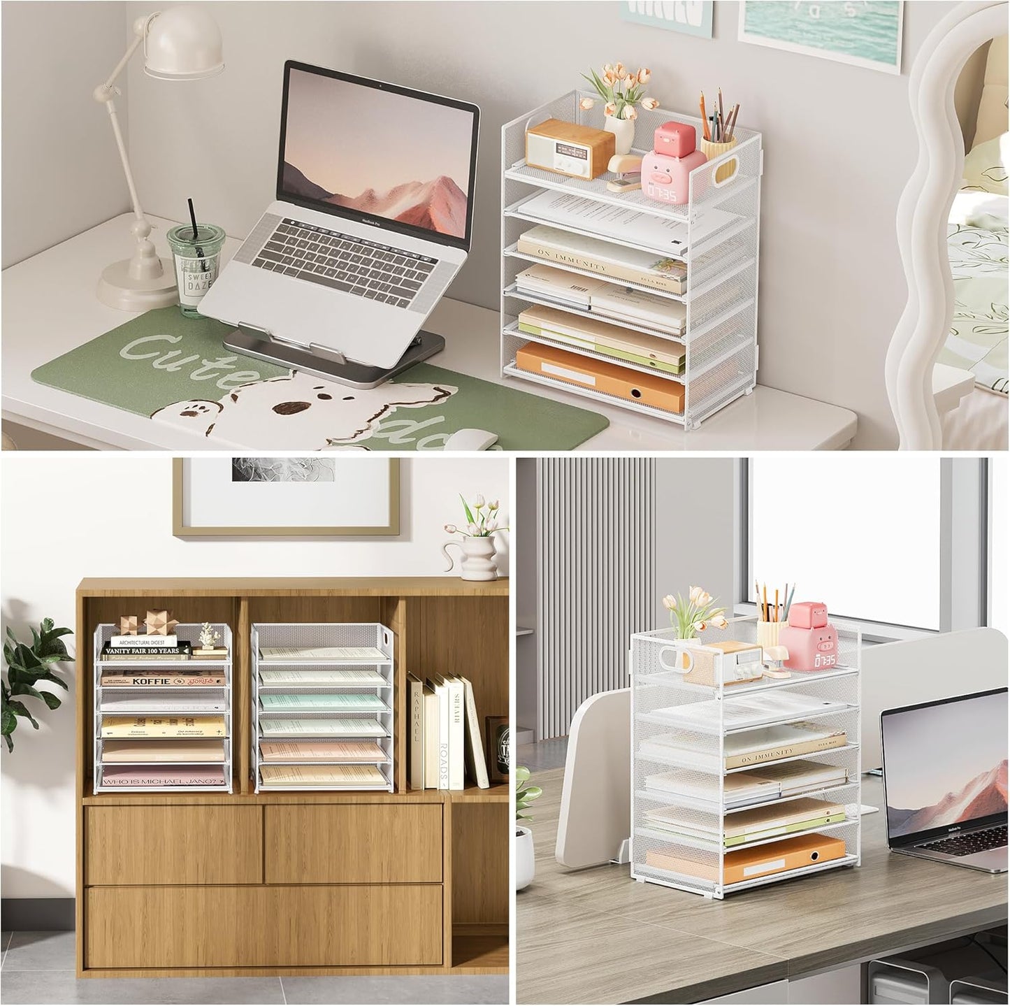 Subekyu 6-Tier Desk Paper Organizer, Desktop File Letter Tray with Handle, Document Sorter and Accessories Holder for Office, Home and School Workspace Organizers, White - 2 Pack