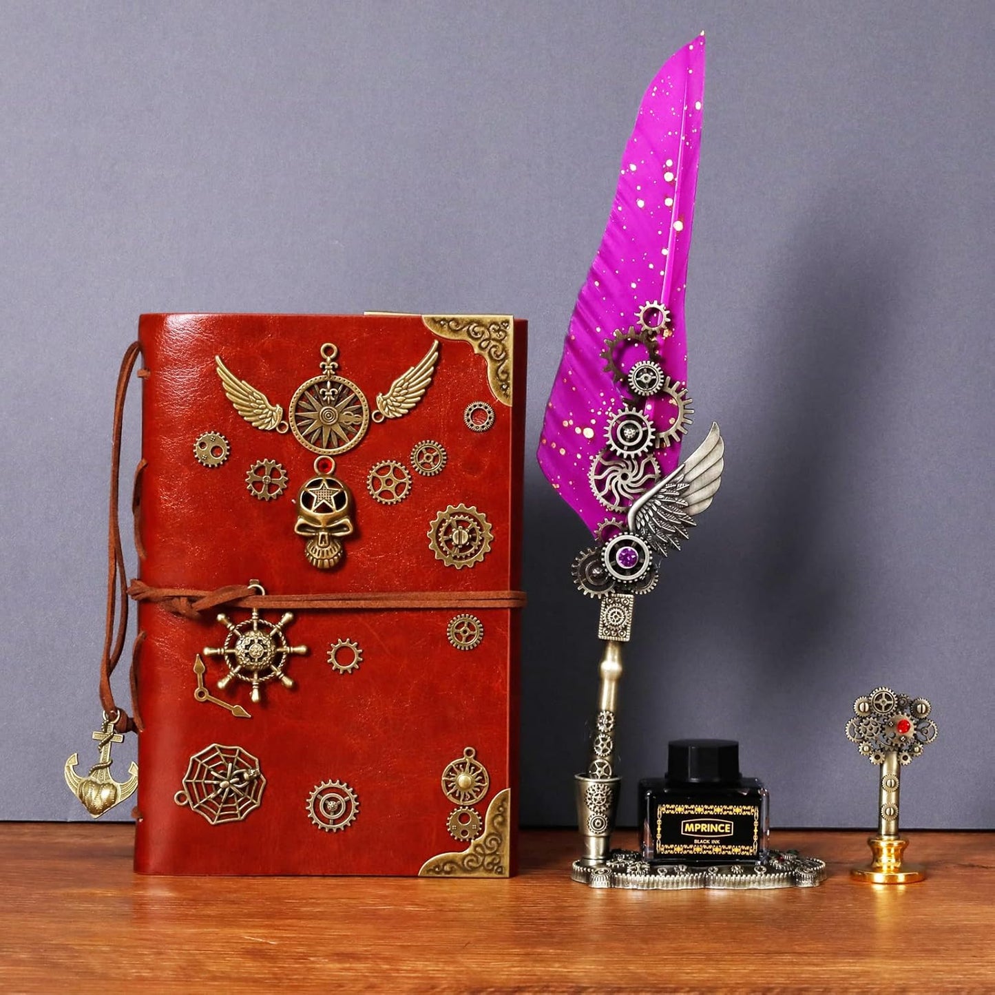 Quill and Ink Set With Quill and 5 Replaceable Nibs, Seal Stamp, Spoon, Wax Beads, White Wax, Pen Holder, Cup, Envelope, Letter Paper, Envelope Tool(purple)