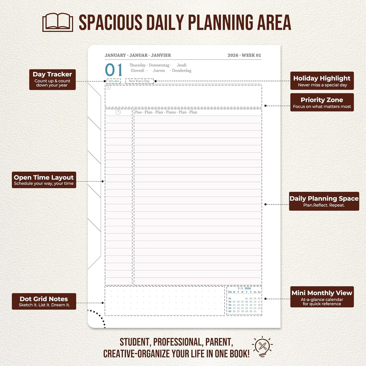 Daily Planner 2026 with One Page Per Day,(A5-8.5" x 5.9"),12 Months Calendar Hourly Appointment Book Monthly Tabs & Self-adhesive Pen Holder,Inner Pocket,Durable Vegan Leather,Burgundy