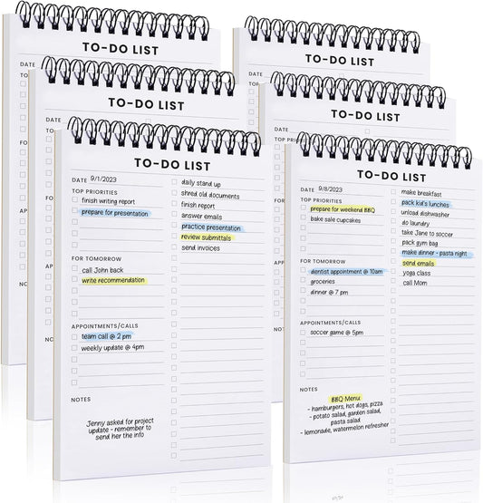 To Do List Notepad 6 Pack: Has Multiple Functional Sections - 5.2 x 8" 35 Sheets - Spiral Daily Planner Notebook - Task CheckList Organizer Agenda Pad for Work, Note and Todo Organization